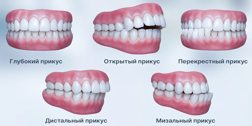 Изображение с вариантами  неправильного прикуса: Глубокий прикус, открытый прикус, перекрёстный прикус, дистальный прикус, мизальный прикус