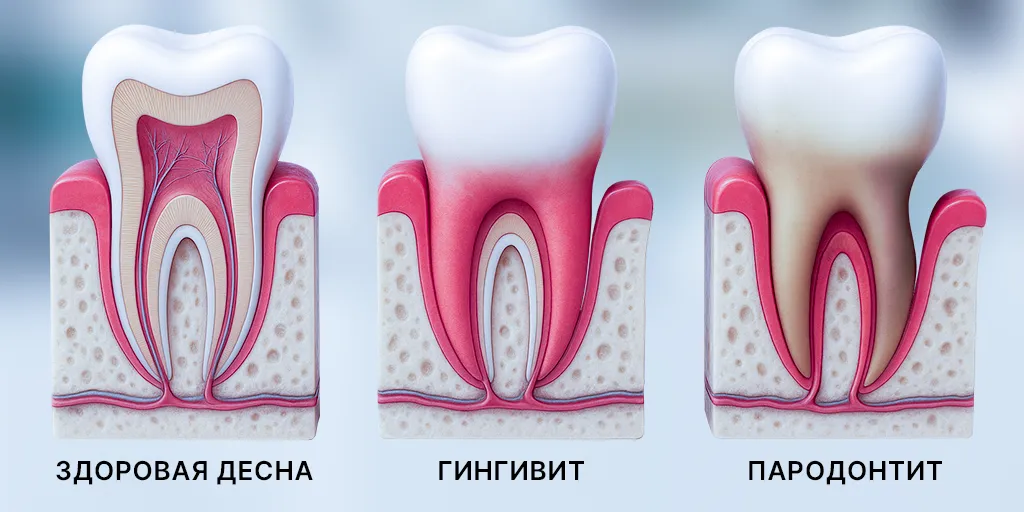 Этапы развития пародонтита - здоровая десна - гингивит - пародонтит
